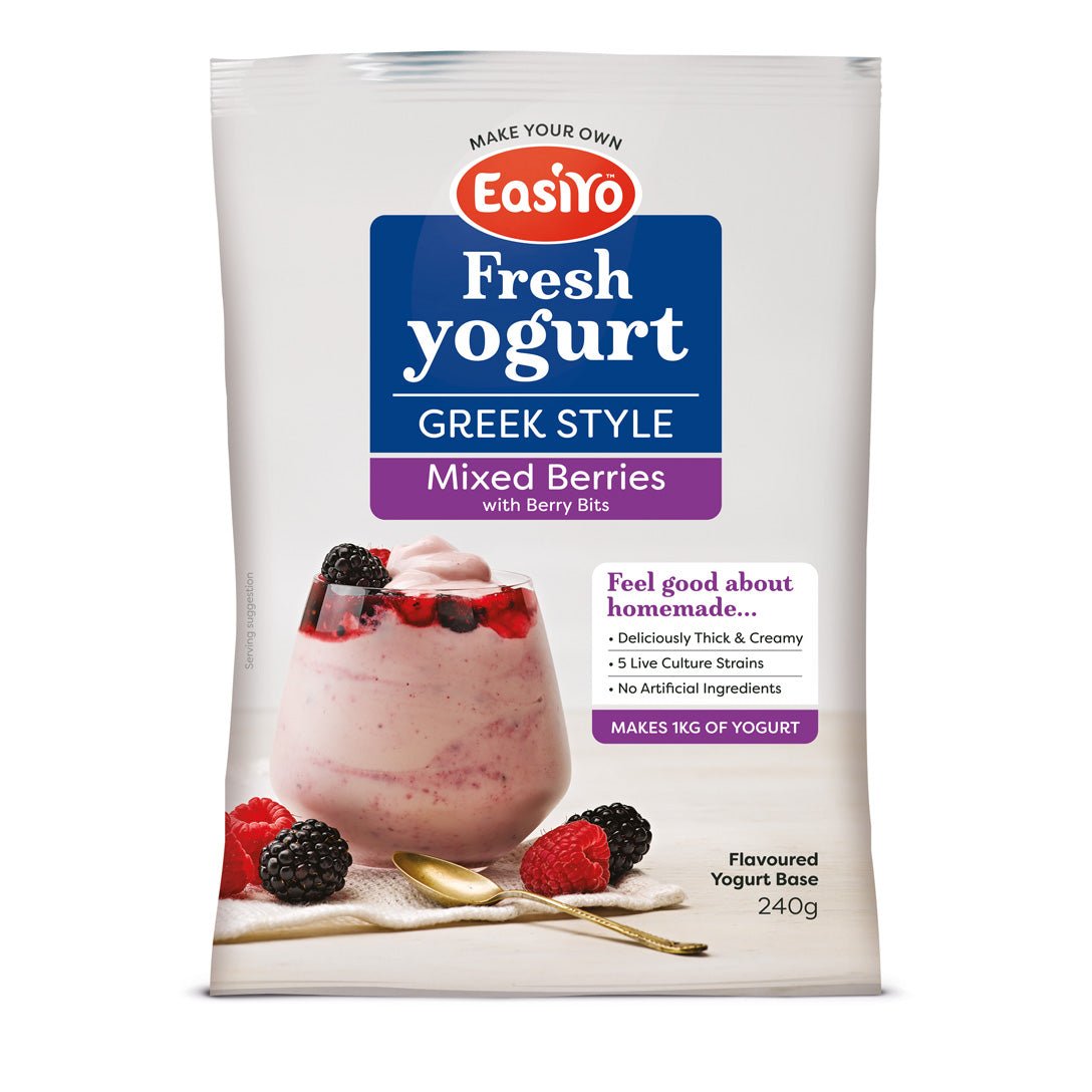 EasiYo Base de yogur con sabor a melocotón estilo griego (paquete de 3, 21  porciones) con cultivos vivos, yogur casero fácil y fresco, uso con EasiYo